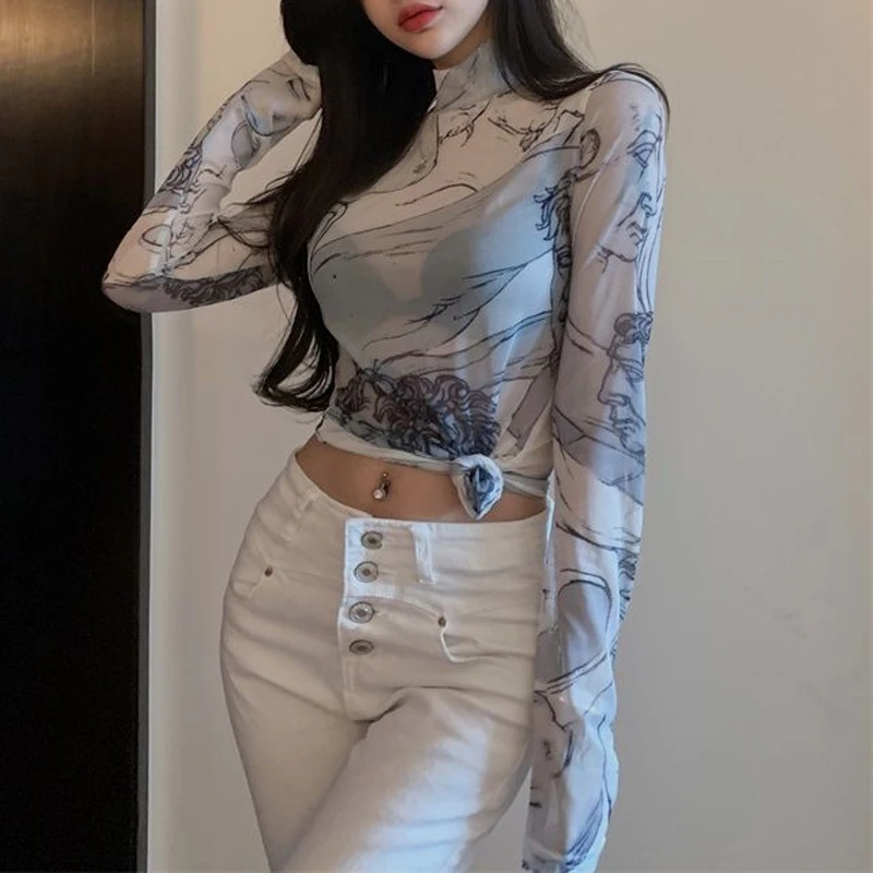 

Women Turtleneck Renaissance Printed See Through Blouse Fashion Long Sleeve Sheer Designer Tops Female Mesh Clothing