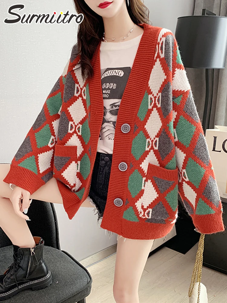 

SURMIITRO Y2k Argyle клетчатый вязаный кардиган для женщин 2021 Модный осенне-зимний Корейский стиль длинный рукав женский свитер куртка