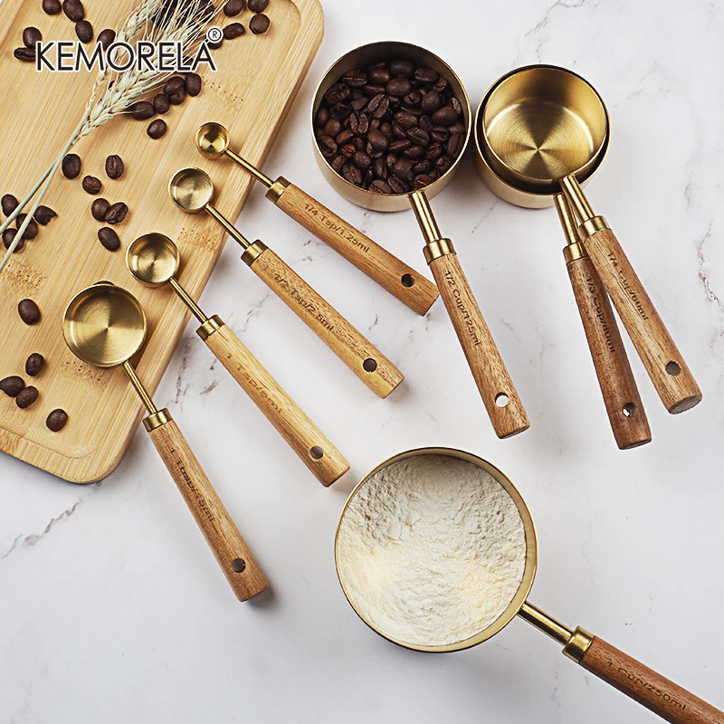 Measuring Spoon Set Kitchen Accessories Wooden Handle Stainless Steel Measuring Cups Spoons Coffee Bartending Scale Baking Tools