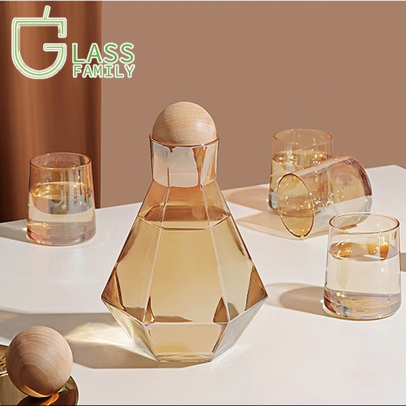 

1.4L Geometrical Glass Pitcher with 4 Cups Gold Borosilicate Water Carafe Teapot tea Kettle Cold Amber Water Jug drink dispenser