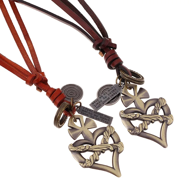 Vintage Retro Hart Ketting Legering Kruis Hangers Lange Lederen Ketting Handgemaakte Verklaring Verstelbare Choker Fashion Unisex Sieraden Vintage Retro Hart Ketting Legering Kruis Hangers Lange Lederen Ketting Handgemaakte Verklaring Verstelbare Choker Fashion Unisex Sieraden