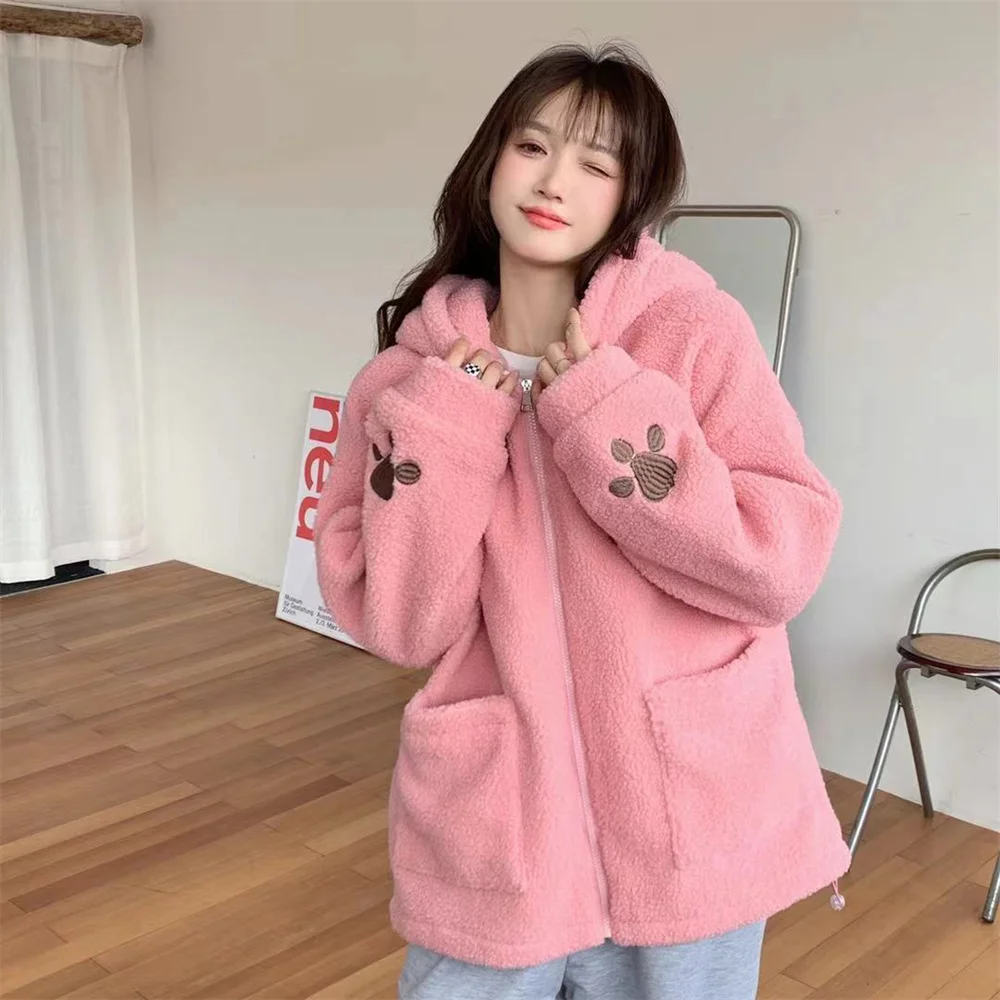 

Solid Bear Embroidery Hoodie Women Winter Cute Warm Soft Zip-Up Kawaii Harajuku Streetwear Zipper Oversized Hoodie Tops