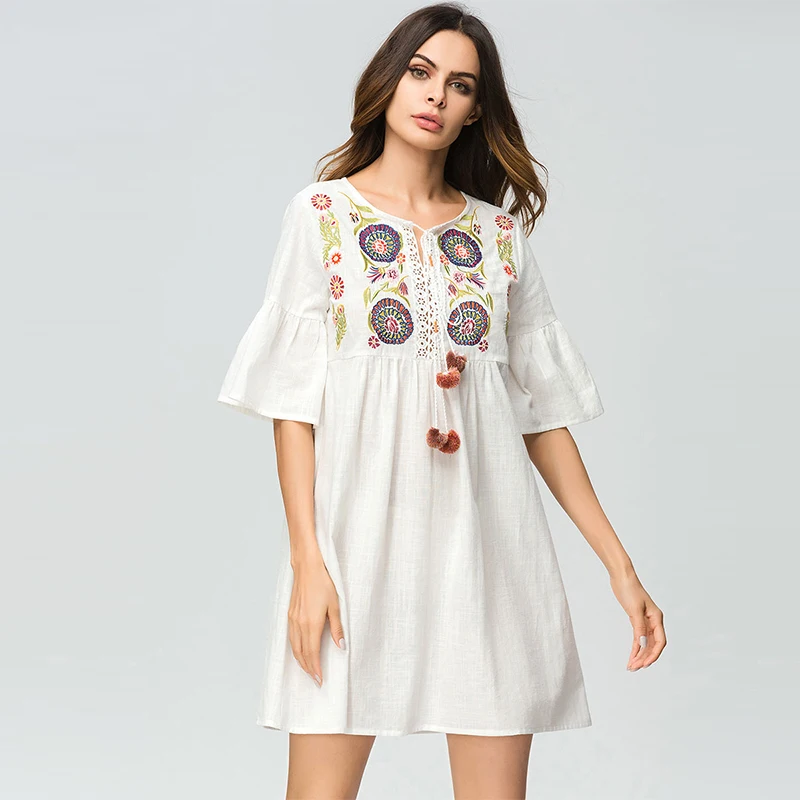 Dubai Turkey Embroidered Cotton And Linen Skirt Muslim Trumpet Sleeve Women's Clothing Islamic Morrocan Kimono Arab Middle East |