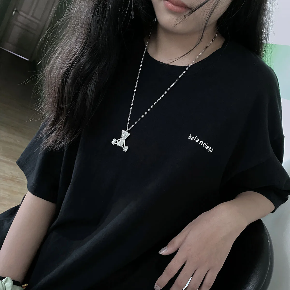 

Cartoon Trendy Puppet Pendant Necklace Stainless Steel Rhinestone Fashion Couple Necklace Exquisite Fashion Gift Jewelry