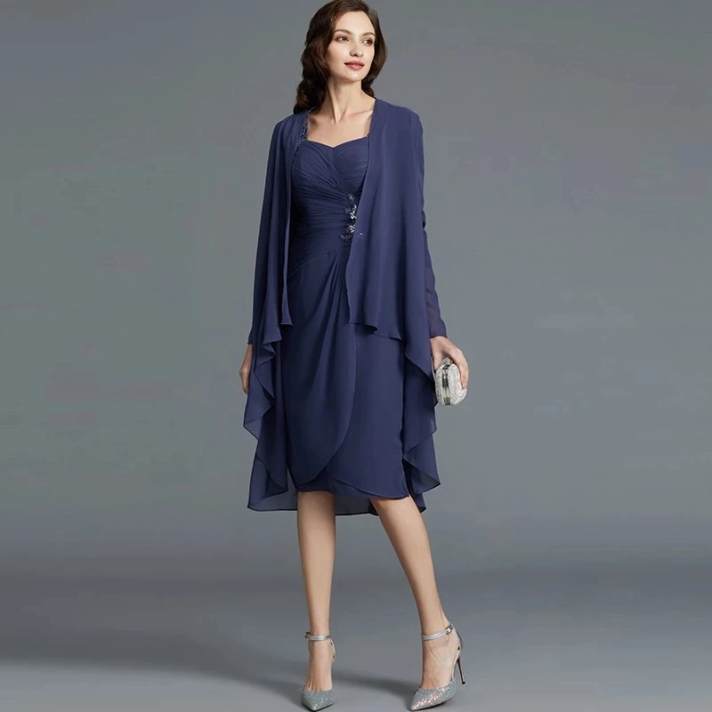 

Gray Mother Of The Bride Dresses Sheath Knee Length Chiffon Appliques With Jacket Short Groom Mother Dresses For Weddings