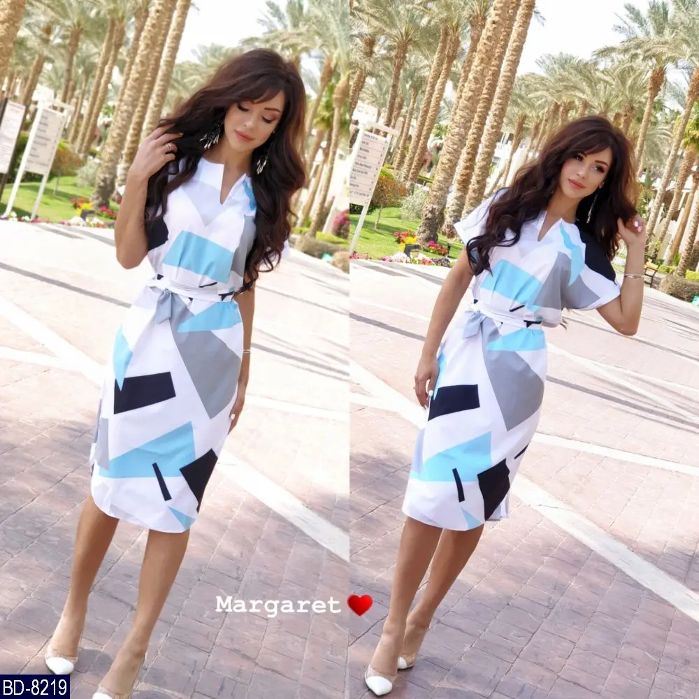 Новые цвета печати женское осеннее платье v образным вырезом с коротким рукавом