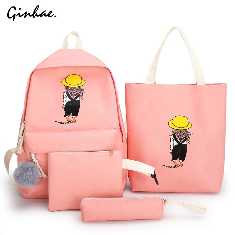 4 шт. рюкзак с мультяшным принтом в консервативном стиле холщовые однотонные