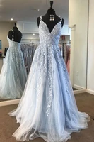 sexy v neck prom dresses 2021 elegant sky blue lace a line spaghetti strap tulle formal women dress for party vestidos