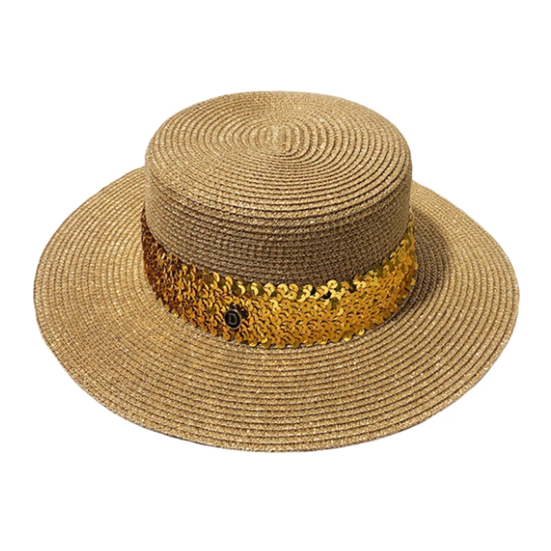 

New Large Brim Straw Hat Summer Hats For Women Sequin Shiny Fashion Beach Cap Boater Flat Top Sun Hat