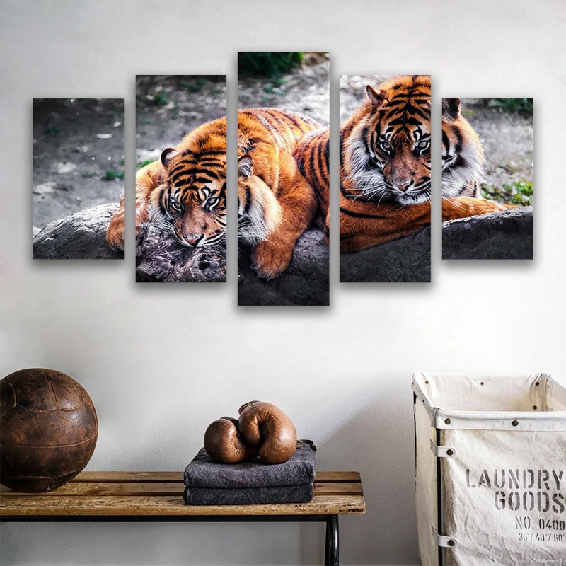 

Canvas Painting Living Room Wall Poster 5 Panel Animal Tiger Frames In Modular Print Cuadros Decoration Modular Pictures