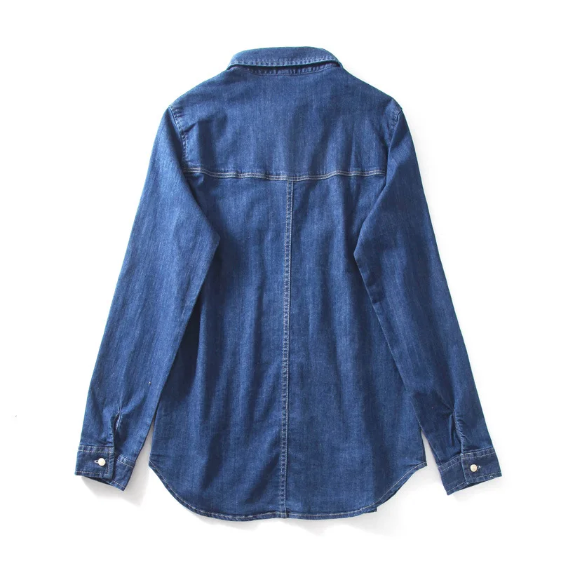

Women 100% Cotton Denim Shirt Chest Pocket Women Boyfriend Blouse Woman Tops Collar Tapered Waist Shirts For Ladies