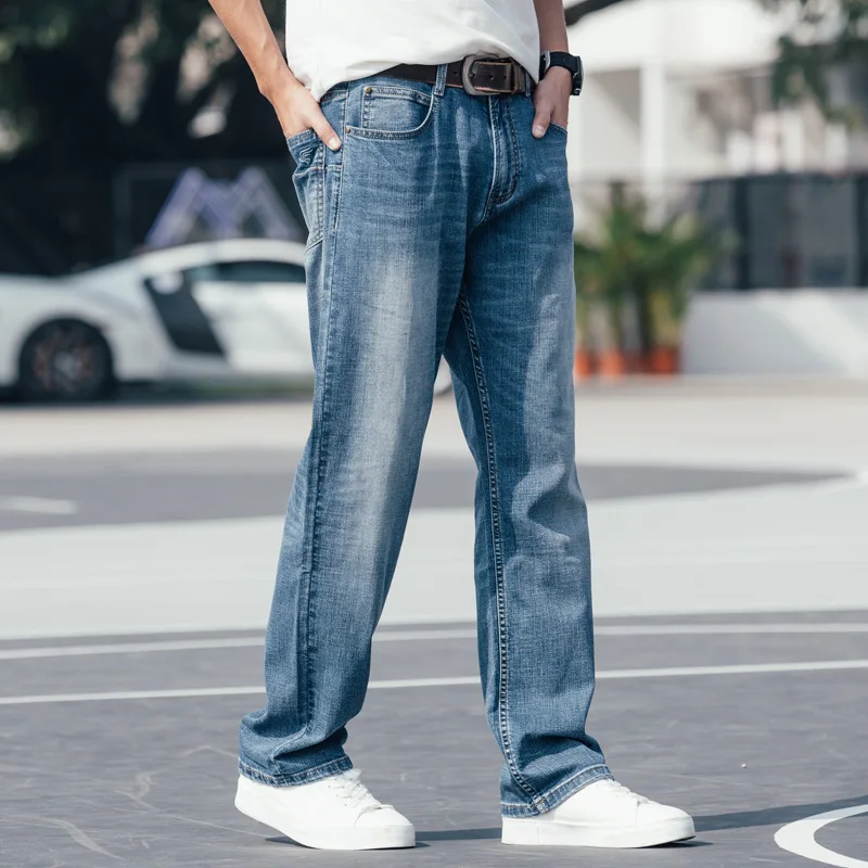 Summer Thin Section Men Jeans Wide Leg Denim Pants Loose Hip Hop Skateboard Elastic Straight Blue Trousers Baggy | Мужская одежда