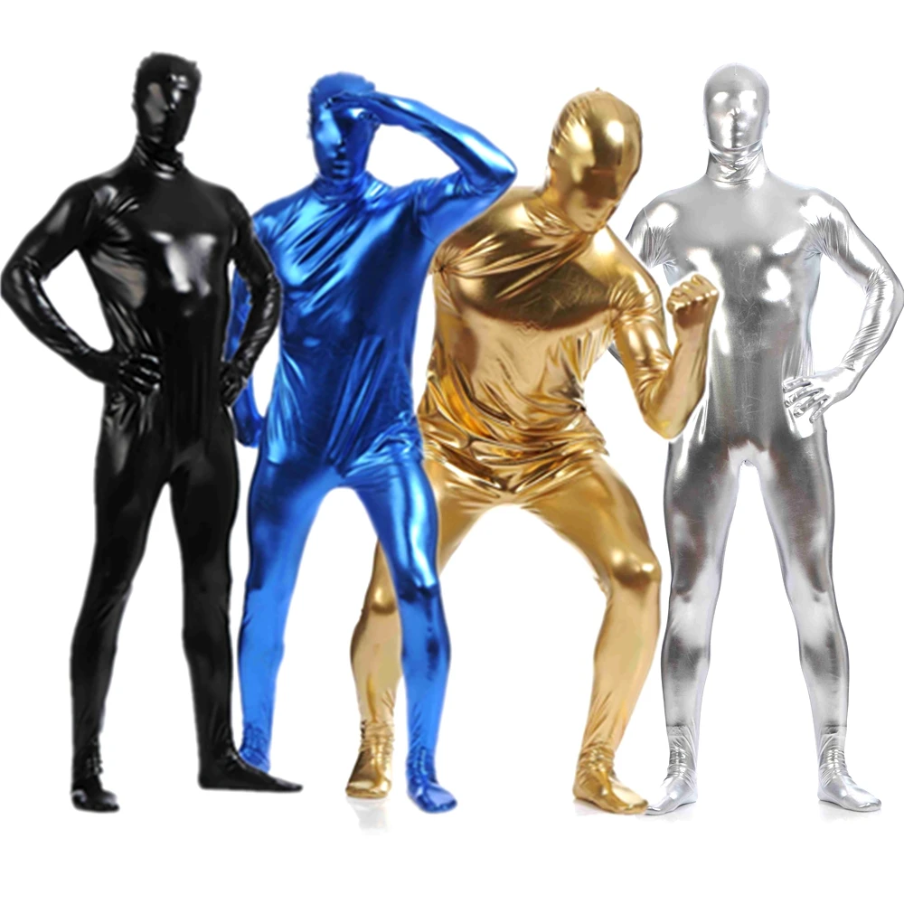 Мужской комбинезон Zentai из спандекса черные блестящие колготки металлической