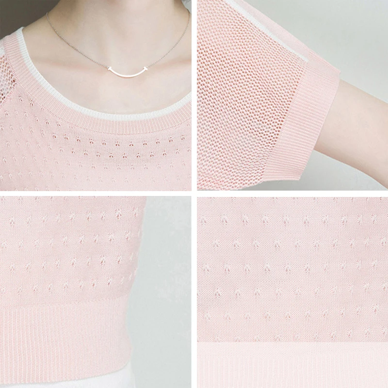 

Fashion Side Stripe Patchwork Knitted T-Shirt Women Summer Short Sleeve Pullover Tees Korean Style Thin Knitwear Tops Female