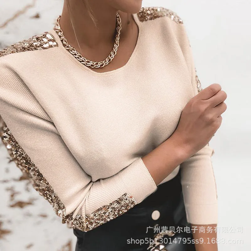 

Mandylandy Women Elegant Spring Autumn Sequins Knitted Pullover Shirt Top Casual Lady Long Sleeve O Neck Knitwear T-shirt