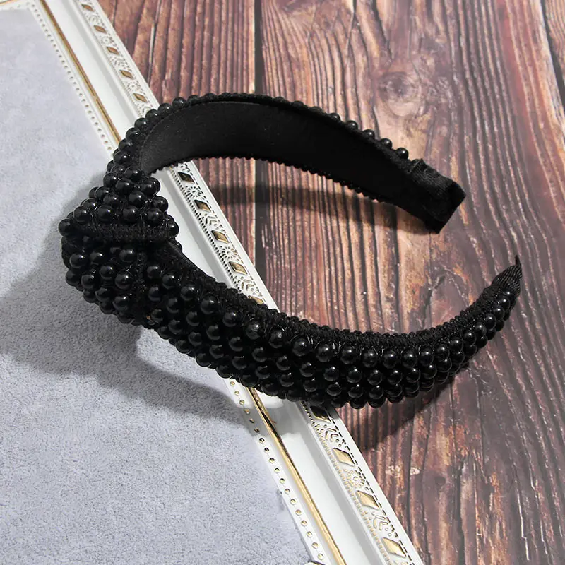 Женский ободок с жемчужинами Flatfoosie черно белый вязаный ручной работы свадебные