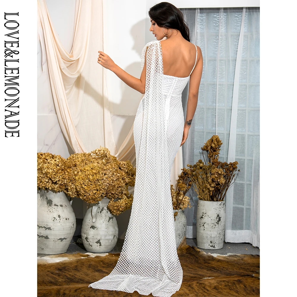 

LOVE & LEMONADE Sexy White Plaid Tube Top Long Ribbon. Bodycon Glitter Glued Bead Material Party Maxi Dress LM82175
