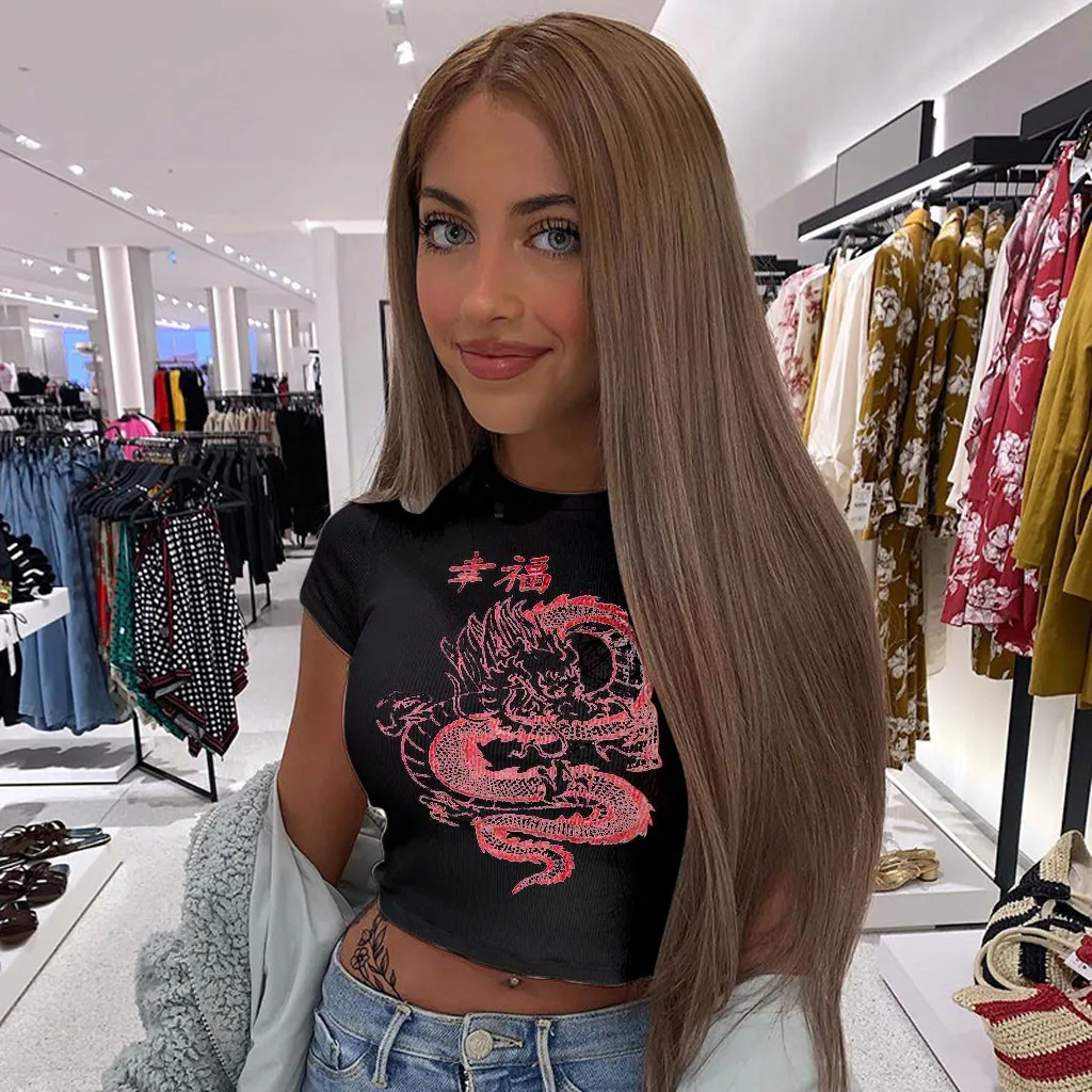 

White Chinese Character Dragon Print T Shirt Women Bodycon Casual Tshirt T-Shirt Femme Streetwear Tops Tee Shirt Summer hot sale