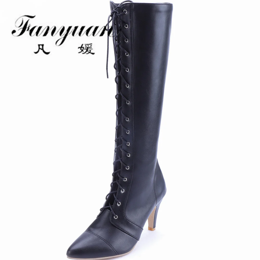 

Fanyuan 2022 модные женские сапоги до колена в Корейском стиле офисные женские сапоги с острым носком на тонком каблуке со шнуровкой теплая черна...