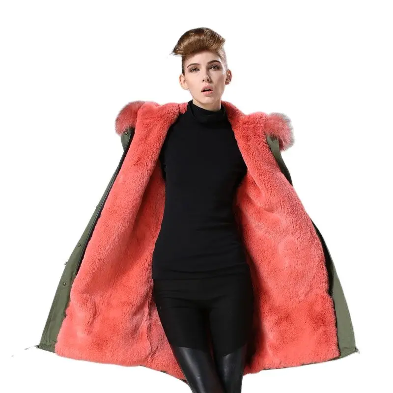 Длинная стильная женская повседневная одежда с подкладкой из искусственного меха арбуза красного цвета модные толстовки с капюшоном из меха енота Новая цветная одежда