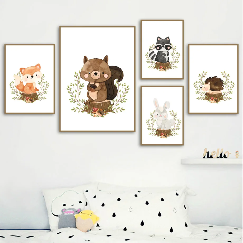 

Fox Rabbit Bear Raccoon Hedgehog Squirrel Nursery Canvas Painting Wall Art Decor Posters and Print Wall Pictures for Room Decor