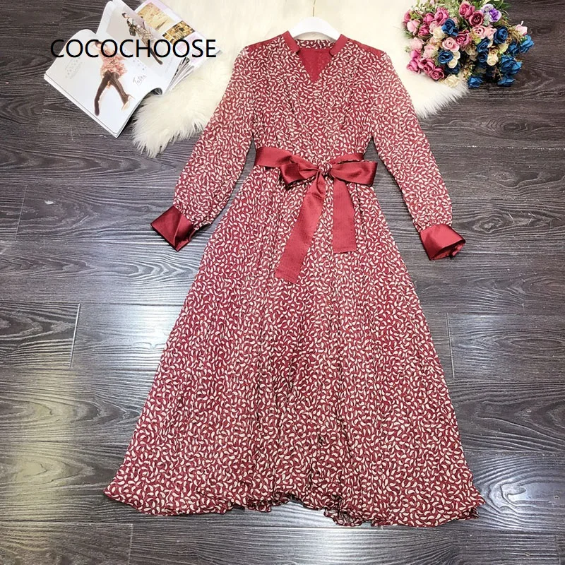 

Vintage Women Dress 2022 Fashion Floral Print V-neck Bow Sashes Slim Waist Long Sleeve Elegant party Vestidos Midi