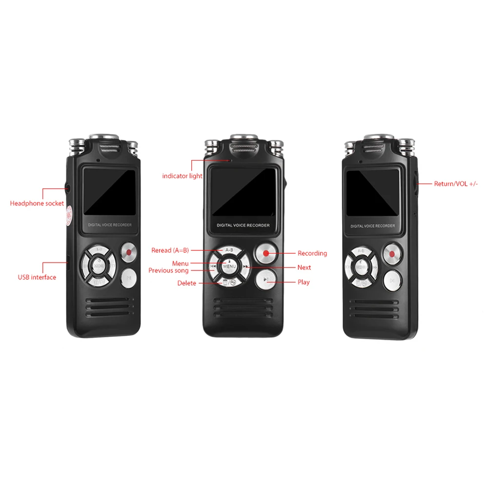 Портативный цифровой диктофон 16 гб музыкальный mp3 плеер с двумя микрофонами