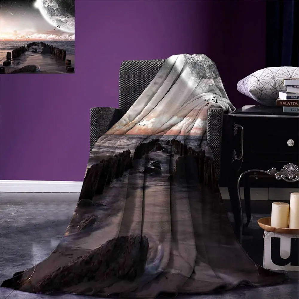 Космическое теплое одеяло Луна фантазия планета пляж со старым Пирсом с морскими