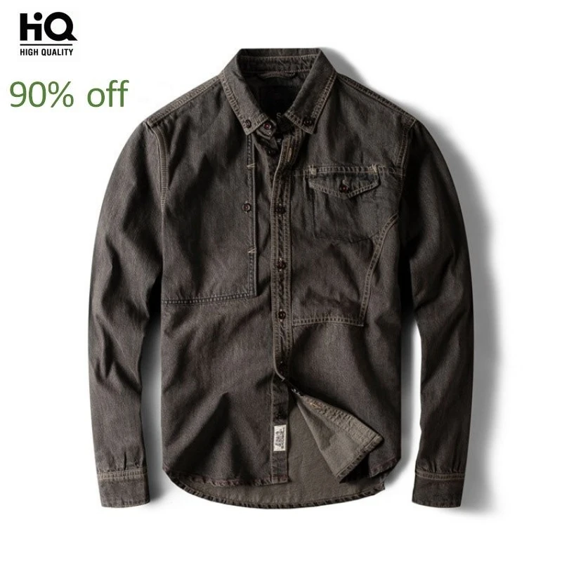 2020 японский стиль Мужская винтажная хлопковая джинсовая рубашка с длинным