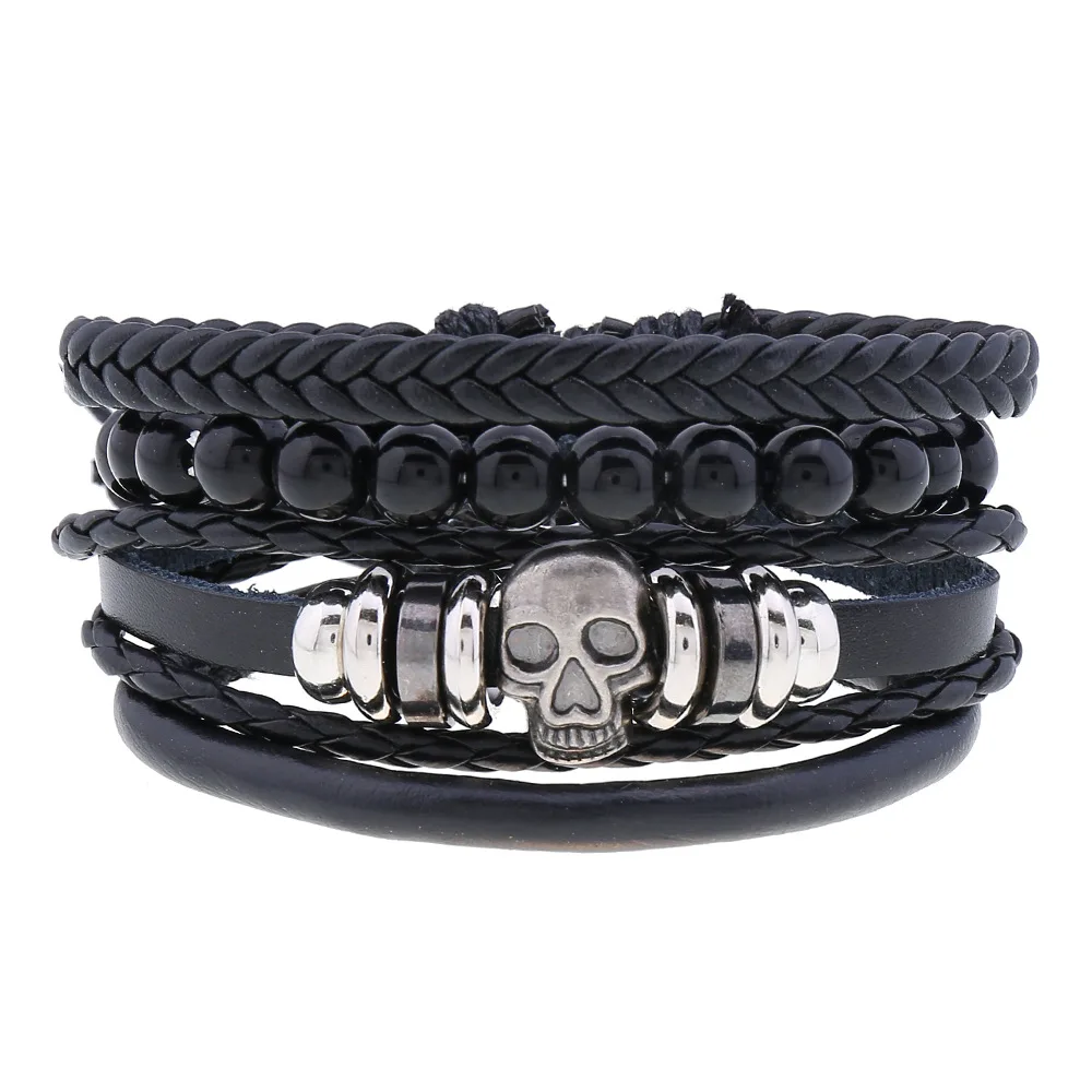 

Skull Feather Wing Handmade Guitar Weed Black Charm Brown Bronze Leather Bracelets For Men Women Fashion Bangle Male Jewelry