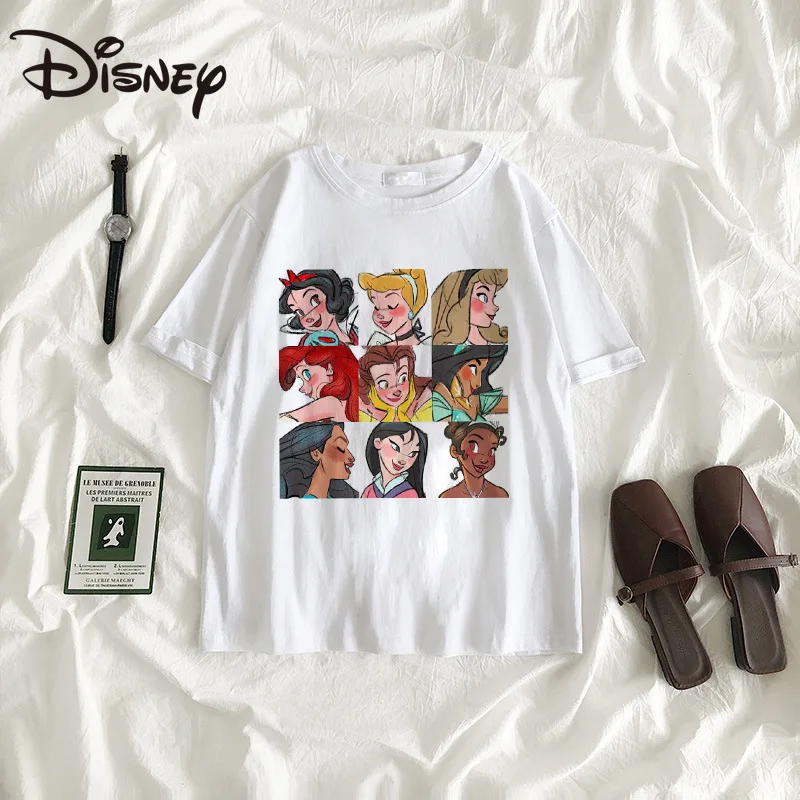 

Disney spring/summer fashion couple round neck top cartoon princess print loose slim cotton short-sleeved T-shirt