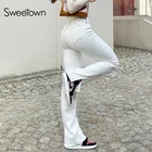 Женские джинсы с высокой талией Sweetown, белые однотонные облегающие пикантные уличные костюмы, корейская мода, повседневные джинсовые брюки на лето
