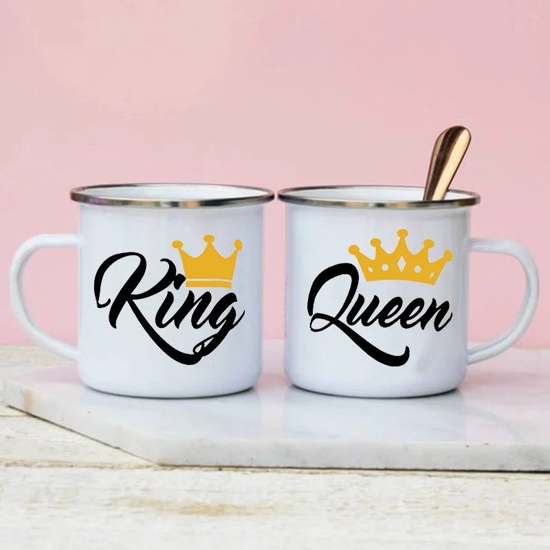 

Чашки King Queen с принтом для пар, креативная эмалированная Кружка для отдыха на открытом воздухе, путешествий, кемпинга, кофейных кружек с кофе...