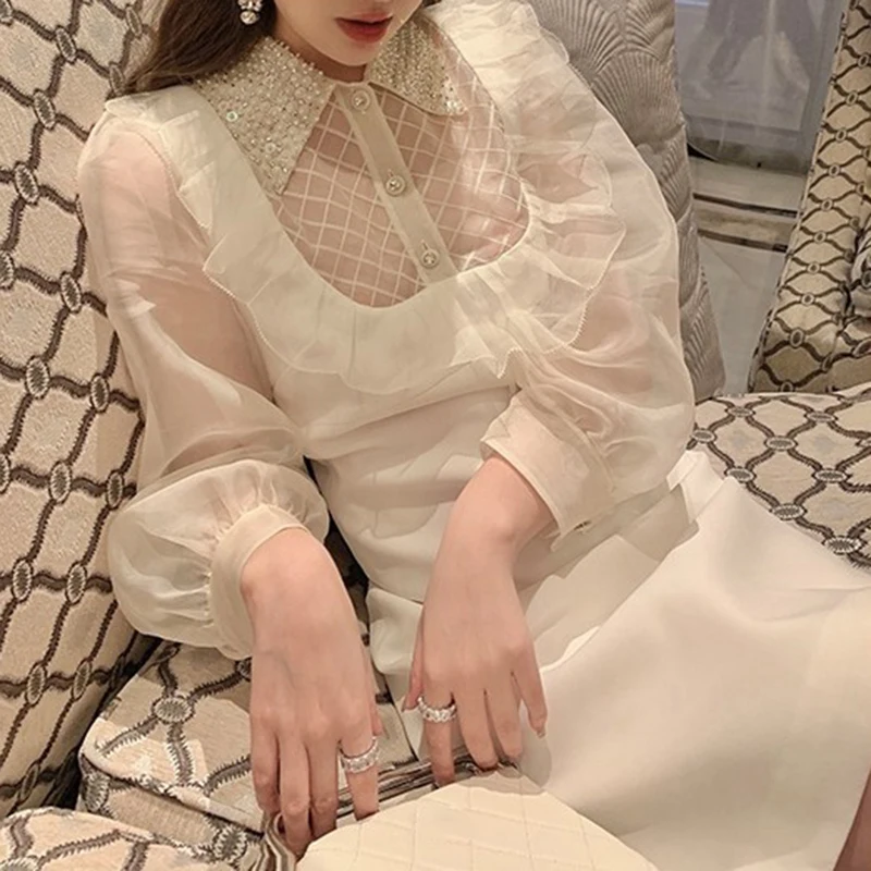 

ECRURANI Elegant Dress For Women Lapel Collar Puff Sleeve Hollow Out High Waist Solid Dresses Female Summer Clothing 2021 Style