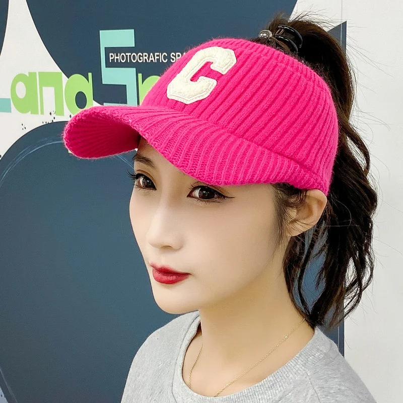 

Winter Plush Thickened Warm Sports Hat Ponytail Messy Bun Beanie Tail Knit Hole Soft Stretch Cable Plain Blank Solid Color Hat