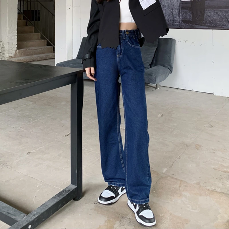 Женские джинсы с высокой талией брюки широкими штанинами синяя уличная одежда