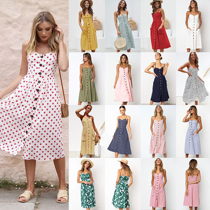 

Women's Beach Sexy Flower Printed V-Neck Dress 2021 Summer New Holiday Slim Solid Color Button Dresses Female Bohemian Sundress
