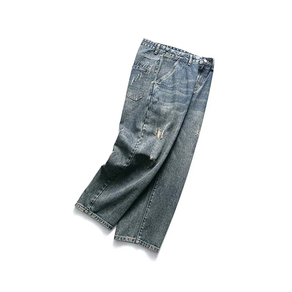 Japanese Style Retro Ripped Baggy Jeans Men Casual Denim Scratched Hip Hop Pants Streetwear Distressed Trousers