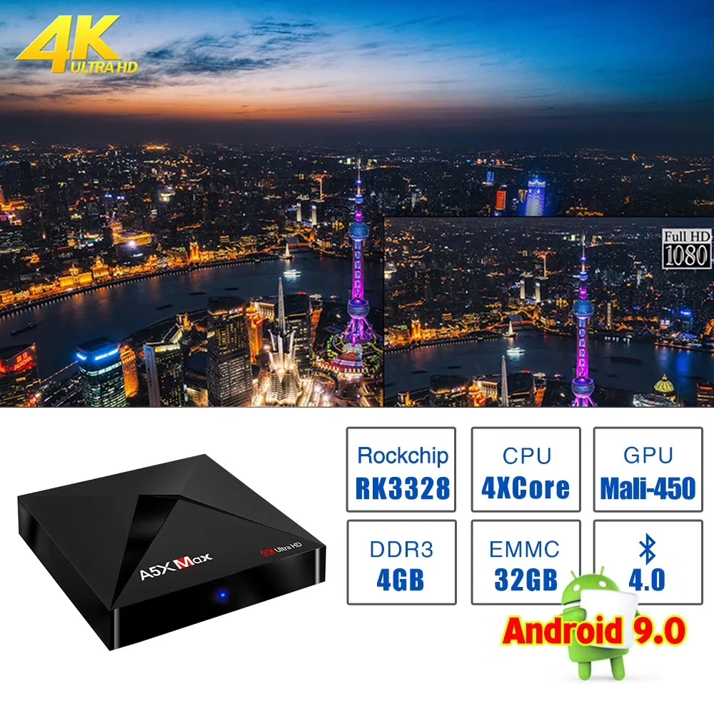 L8STAR A5X MAX Android 9,0 4 ГБ 32 ГБ ТВ приставка RK3328 4K BT 4,1 USB 3,0 2,4G WiFi 100M Lan Смарт медиаплеер HD2.0 ОТТ ТВ приставка