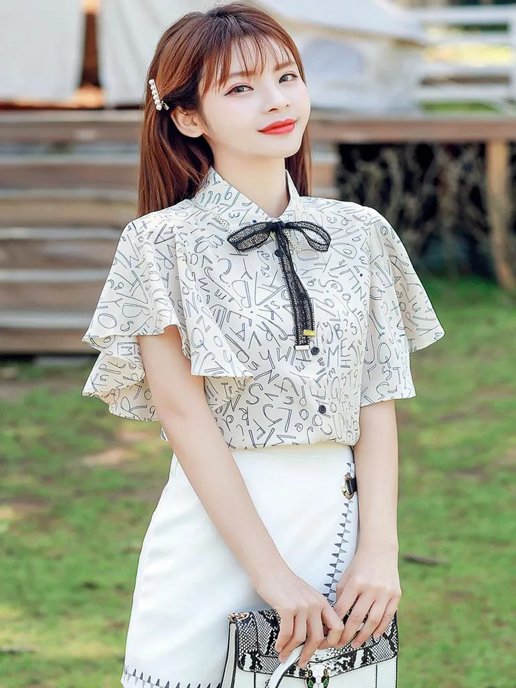 

2021 summer printed shirt design sense niche new fashion temperament western style ruffled chiffon top women