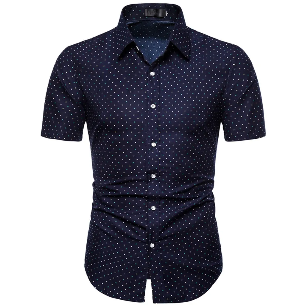 

Men Shirt Short Sleeve Summer mens dress shirt dot print Slim fit Button up laple Formal camisa de hombre