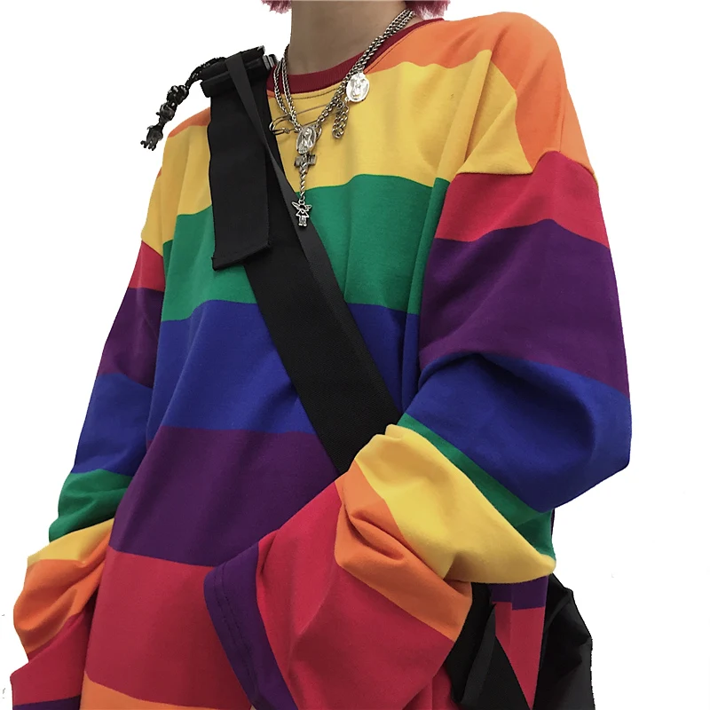 Футболка женская в радужную полоску модный топ стиле Харадзюку Oversized с длинным
