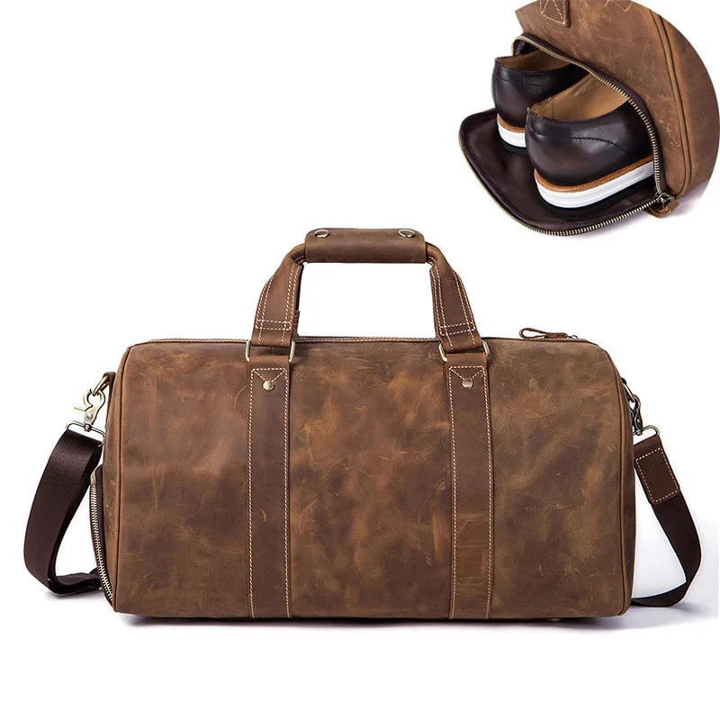 2022 Crazy Horse Leather Travel Bag Men's Vintage Travel Duffel Bag Cow Leather Carry on Luggage Large Weekend Shoulder Bolsa