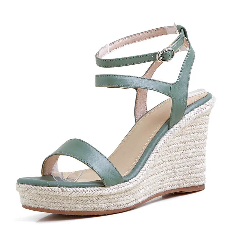 

2021 summer new fashion dark green casual sandals simple and elegant one line buckle woven slope heel women's shoes