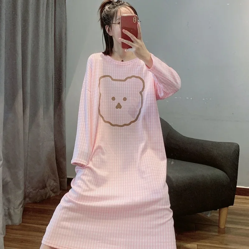 

5XL Fat MM Night Dress Women Oversize Nightgown Cartoon Sleepshirts Long-sleeve Nightie Nightdress Sleepwear