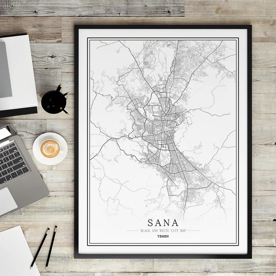 Черно-белая карта города Йемена плакат в скандинавском стиле для гостиной Сана