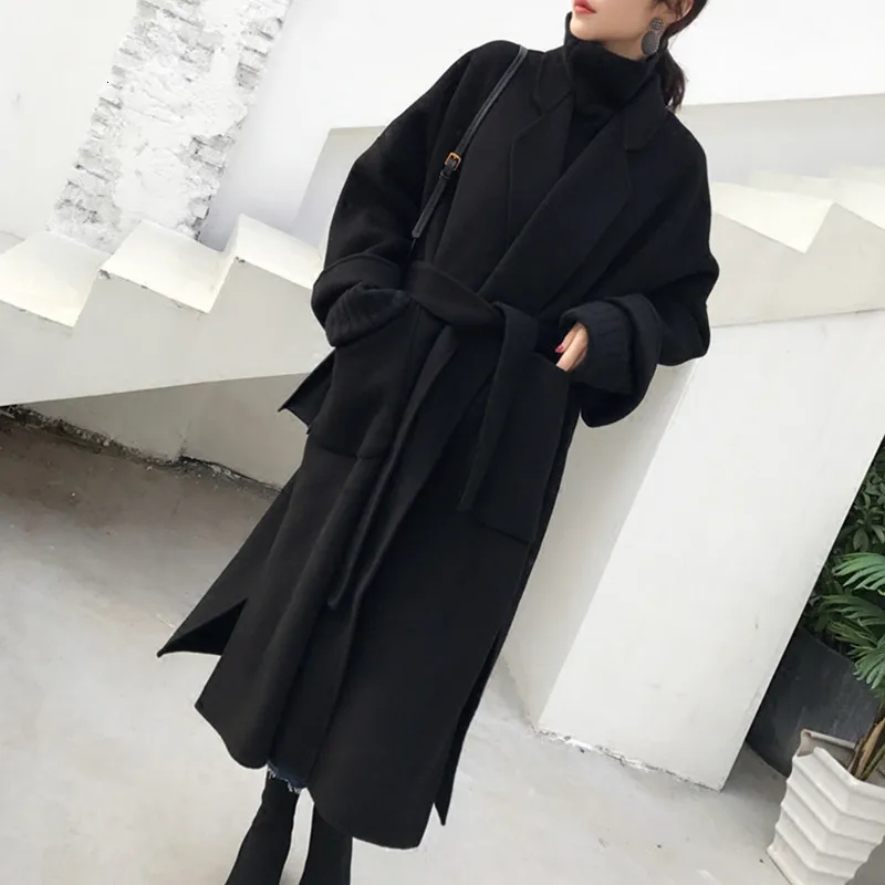 Женское шерстяное пальто Leiouna длинное винтажное в Корейском стиле с поясом