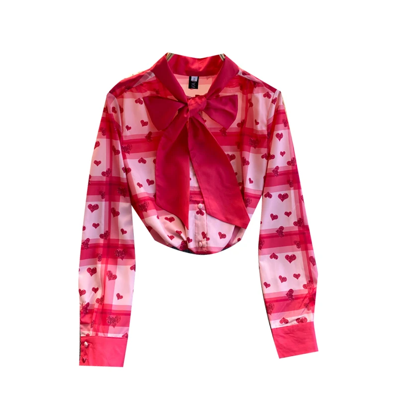 

2021 Spring New Style Fashion Blouse Female Print Bow Tie Blusa Stand Collar Slim Shirt C522