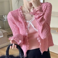 lace knitted pink cardigan top womens autumn and winter 2021 new short slim long sleeved sweater jacket vintage cardigan
