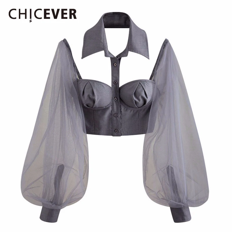 

CHICEVER Patchwork Mesh Lantern Sleeve Shirt Tops Female Sexy Off Shoulder Blouse Women Fashion Clothes Korean 2020 Autumn New